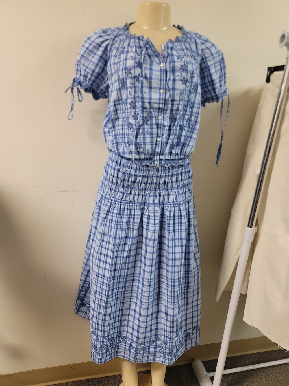 Blue Plaid Peasant Midi Skirt Set Casual.